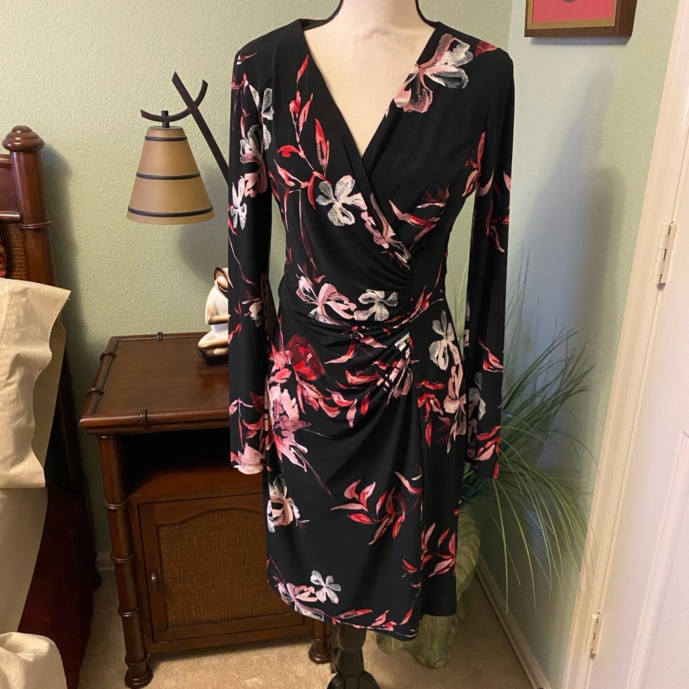 American Living Black and Pink Floral Long Sleeve Dress